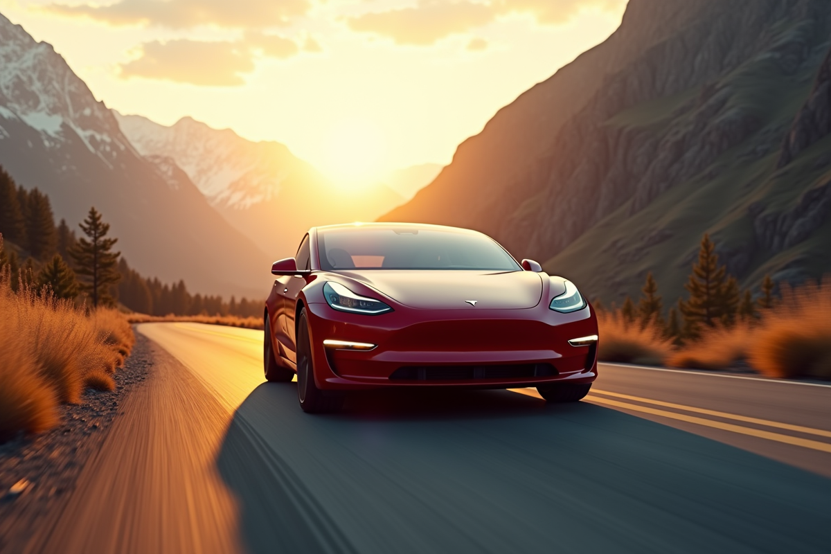 Tesla rare en conduite sur une route de montagne au coucher du soleil