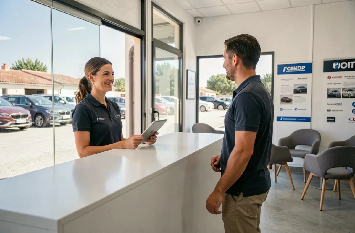 Accueil d'un garage automobile moderne dans les Bouches-du-Rhône avec conseillère clientèle et client