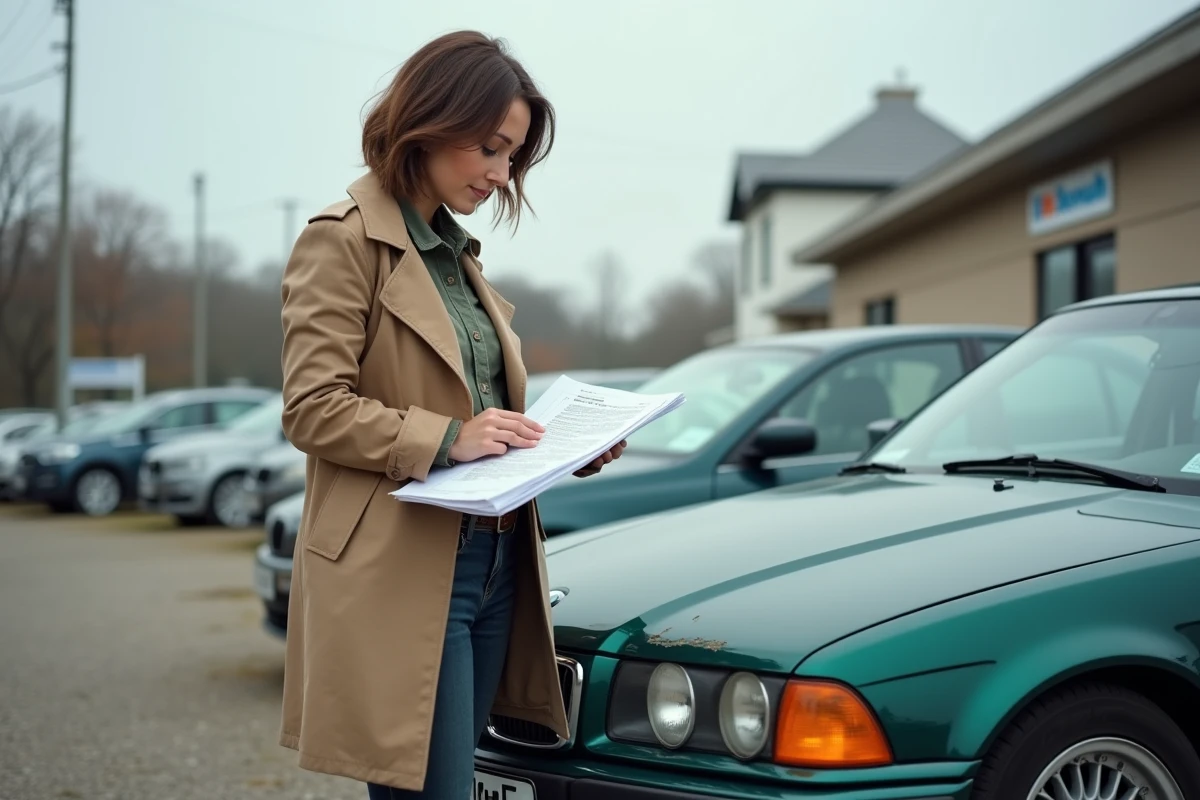 Femme achetant une BMW E36 des années 1990 d'occasion dans un parc automobile, conseils achat occasion