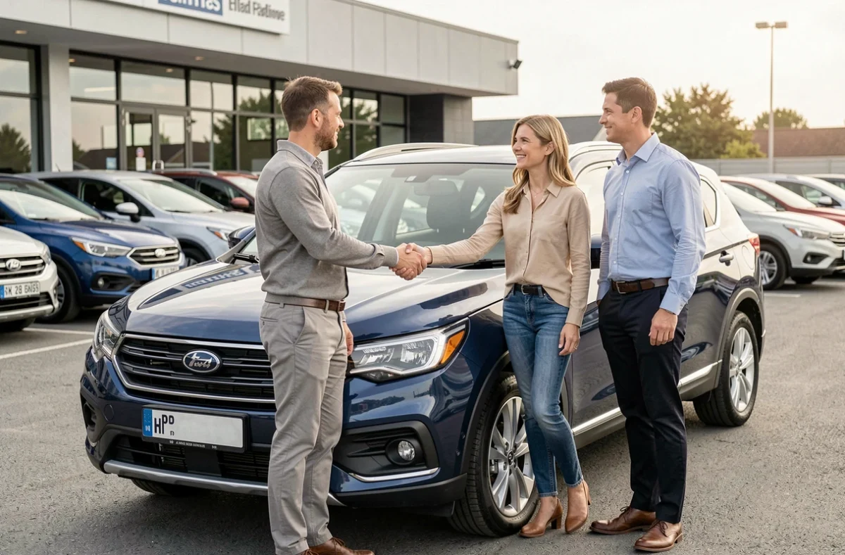Couple finalisant l'achat d'un SUV d'occasion à prix réduit en serrant la main d'un vendeur dans un garage automobile