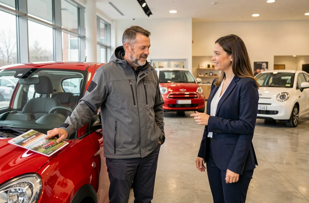 Acheteur et vendeuse discutant d'une voiture sans permis dans une concession automobile