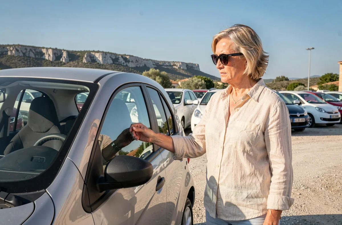 Femme d'une cinquantaine d'années inspectant une voiture sans permis d'occasion dans un lot de concessionnaire en Languedoc-Roussillon