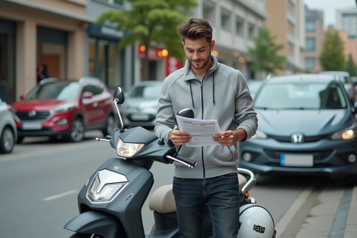 Homme consultant une brochure tarifaire debout à côté d'un scooter Honda 125 en ville