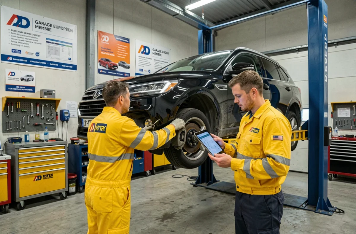 Deux mécaniciens en tenue AD Garage Européen Membre effectuant une inspection complète sur un SUV noir dans un atelier du Haut-Rhin