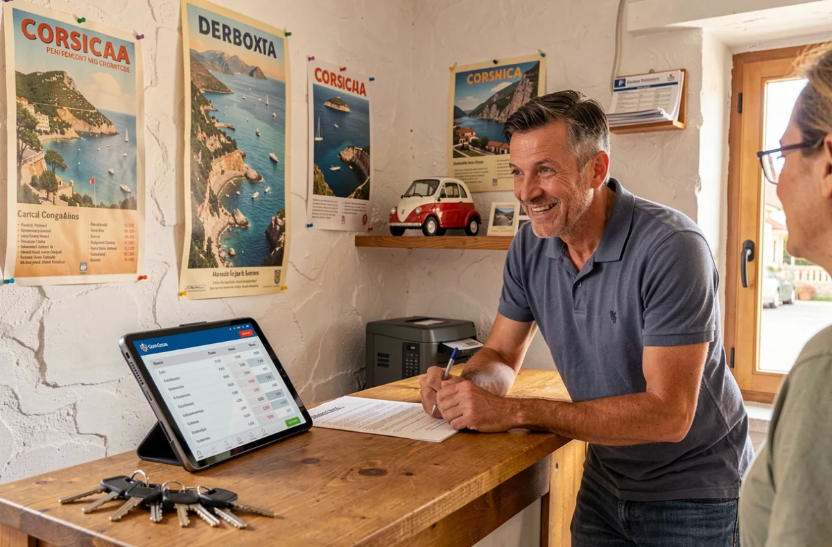 Intérieur d'une agence de location de voiture sans permis en Corse avec un agent et un tableau de tarifs