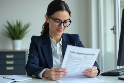 Une femme agent administratif examine un dossier de carte grise dans un bureau officiel en France