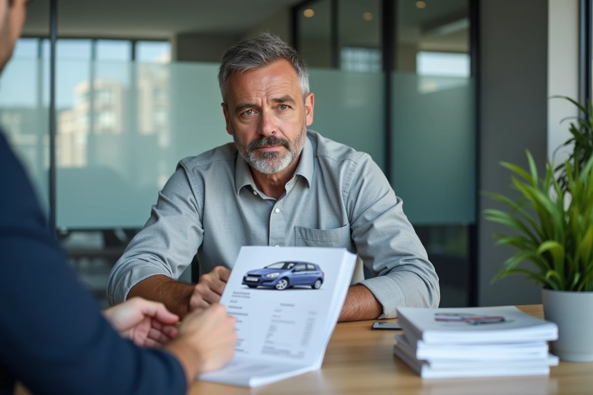 Agent d'assurance présentant un devis pour une Peugeot 206 hatchback dans une agence française