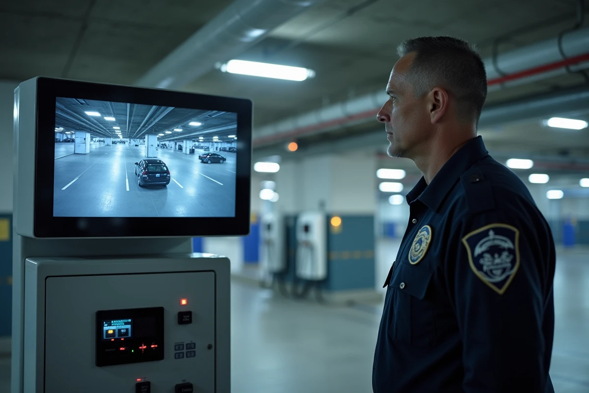 Agent de sécurité surveillant les bornes de recharge électrique d'un parking souterrain de supermarché via écran CCTV