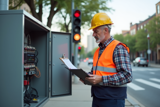Ingénieur de trafic urbain examine une armoire de contrôle