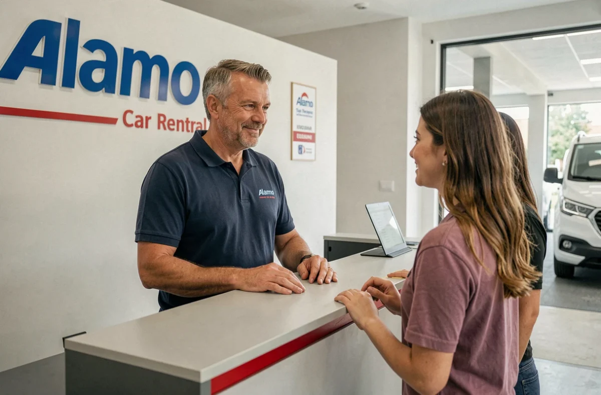 Agent Alamo Essonne conseillant un couple au comptoir de location