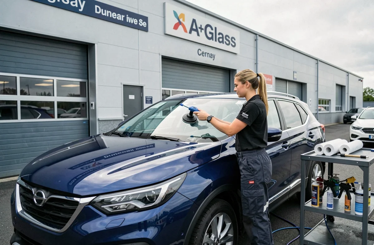 Spécialiste A+Glass Cernay positionnant un nouveau pare-brise sur un SUV bleu foncé
