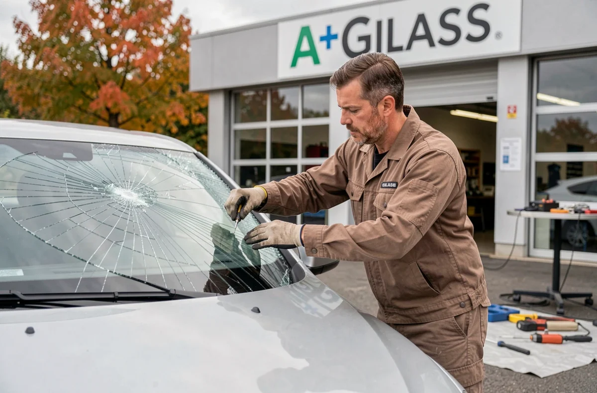 Technicien d'A+Glass Guebwiller remplaçant un pare-brise sur une berline argentée