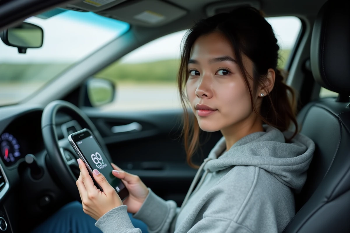 Femme dans une voiture consultant une application de conversion vitesse mph kph sur smartphone