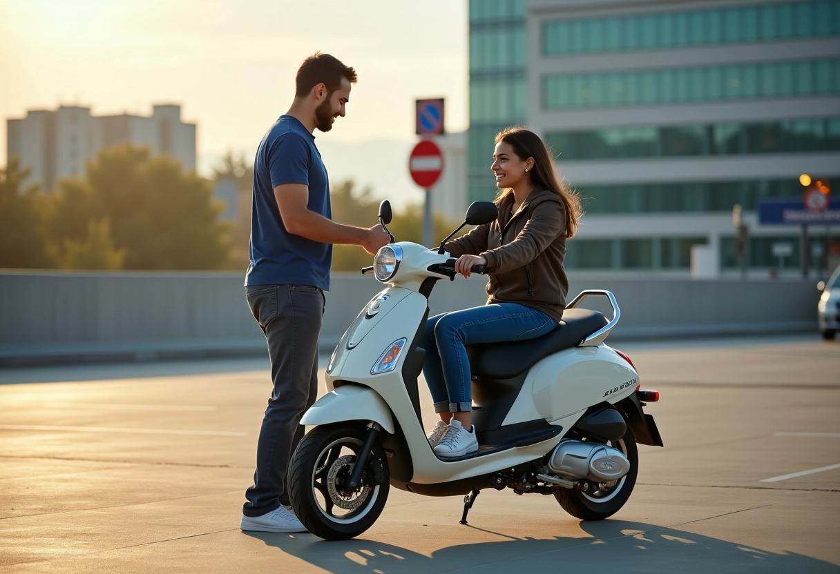 Instructeur et jeune en formation sur scooter 50cc en ville