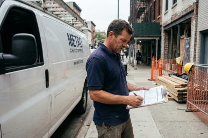 Artisan du bâtiment consultant un planning de véhicules utilitaires devant un chantier de rénovation urbaine