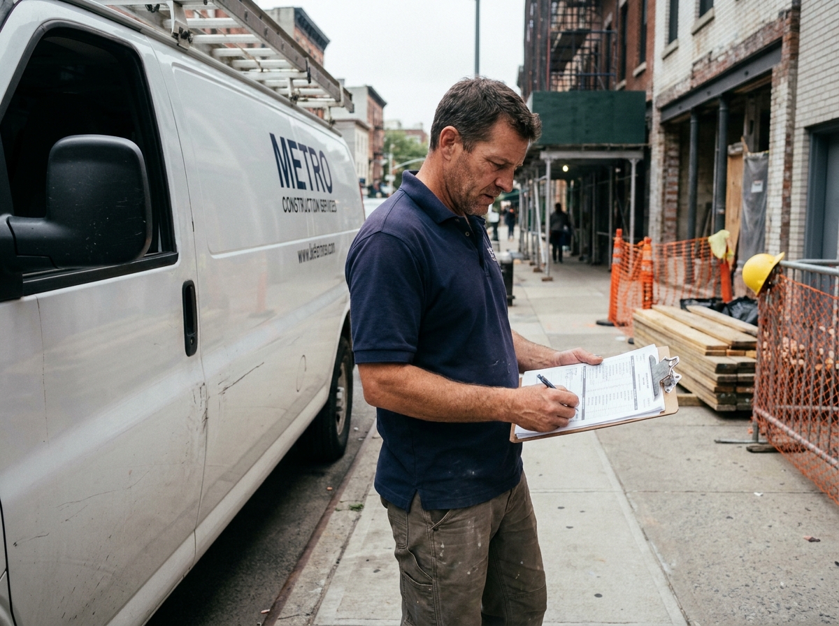 Artisan du bâtiment consultant un planning de véhicules utilitaires devant un chantier de rénovation urbaine