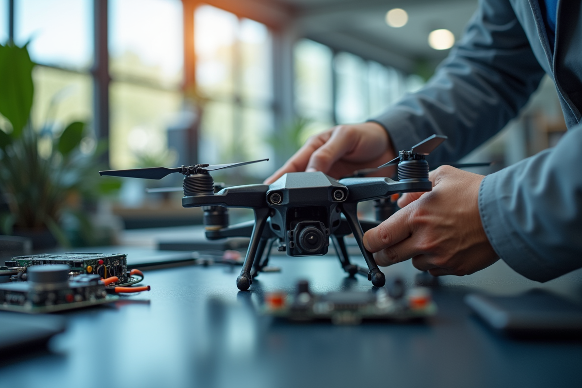 Ingénieur assemblant un drone dans un laboratoire high tech