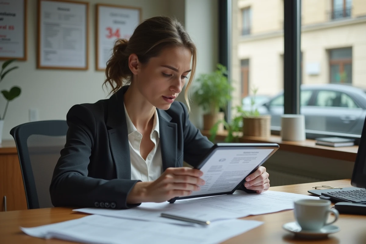 Femme consultant des documents d'assurance automobile liés à une plaque d'immatriculation noire dans un bureau d'agence en France
