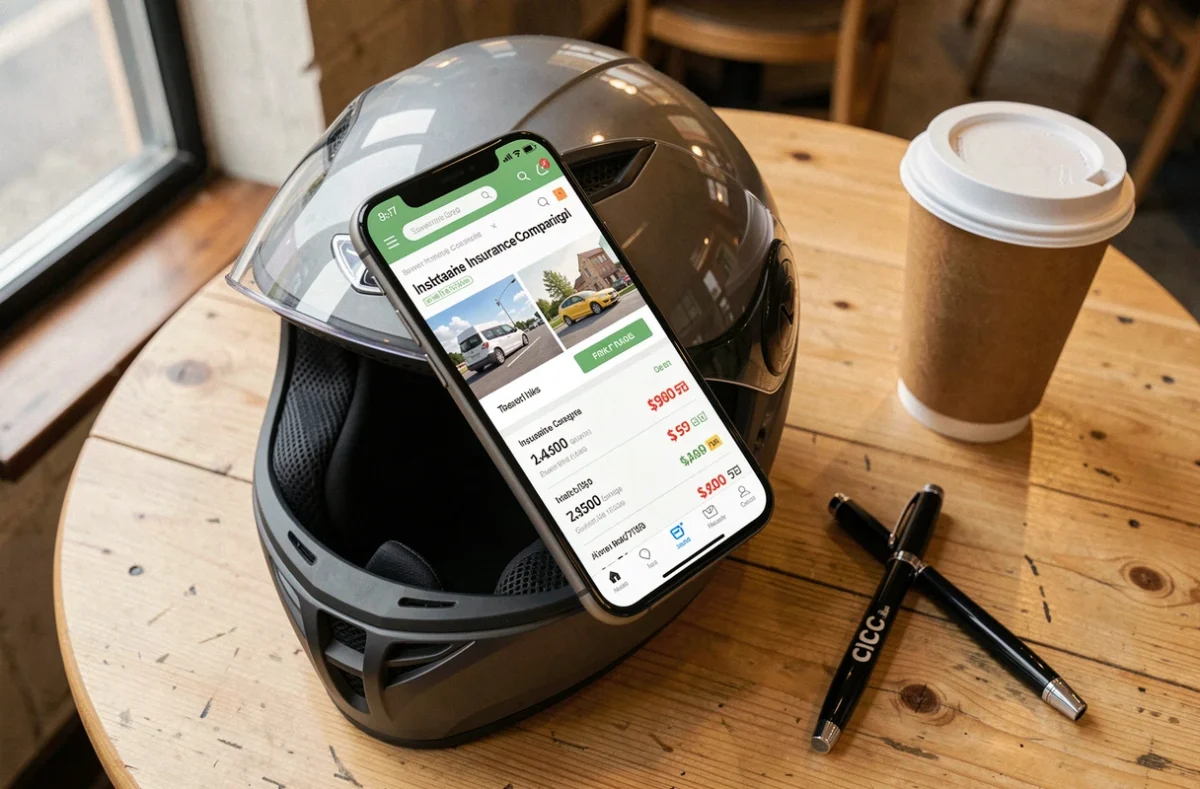 Smartphone affichant une comparaison d'assurance scooter CIC sur une table de café avec casque