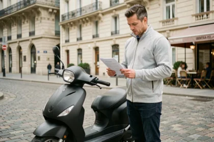 Homme consultant son contrat d'assurance scooter CIC dans une rue parisienne
