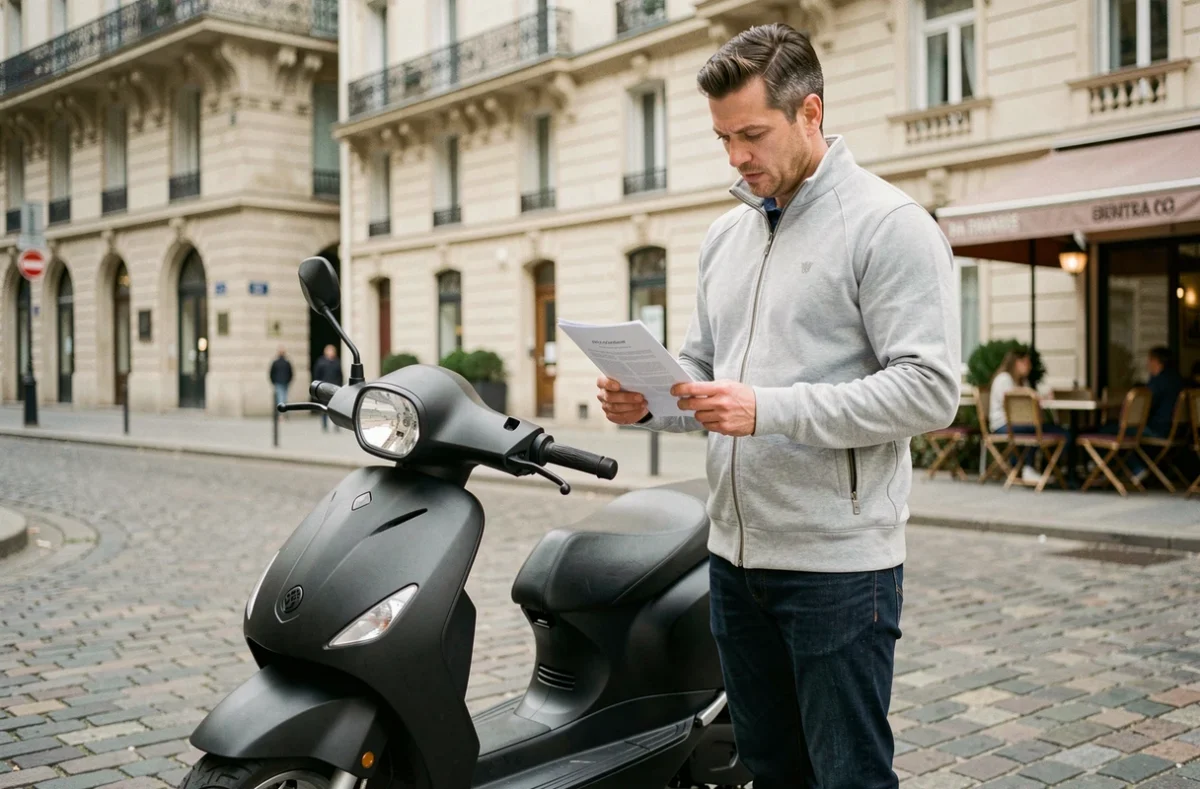 Homme consultant son contrat d'assurance scooter CIC dans une rue parisienne