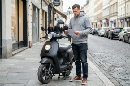 Homme tenant des documents d'assurance scooter après une suspension de permis pour stupéfiants, debout sur un trottoir urbain