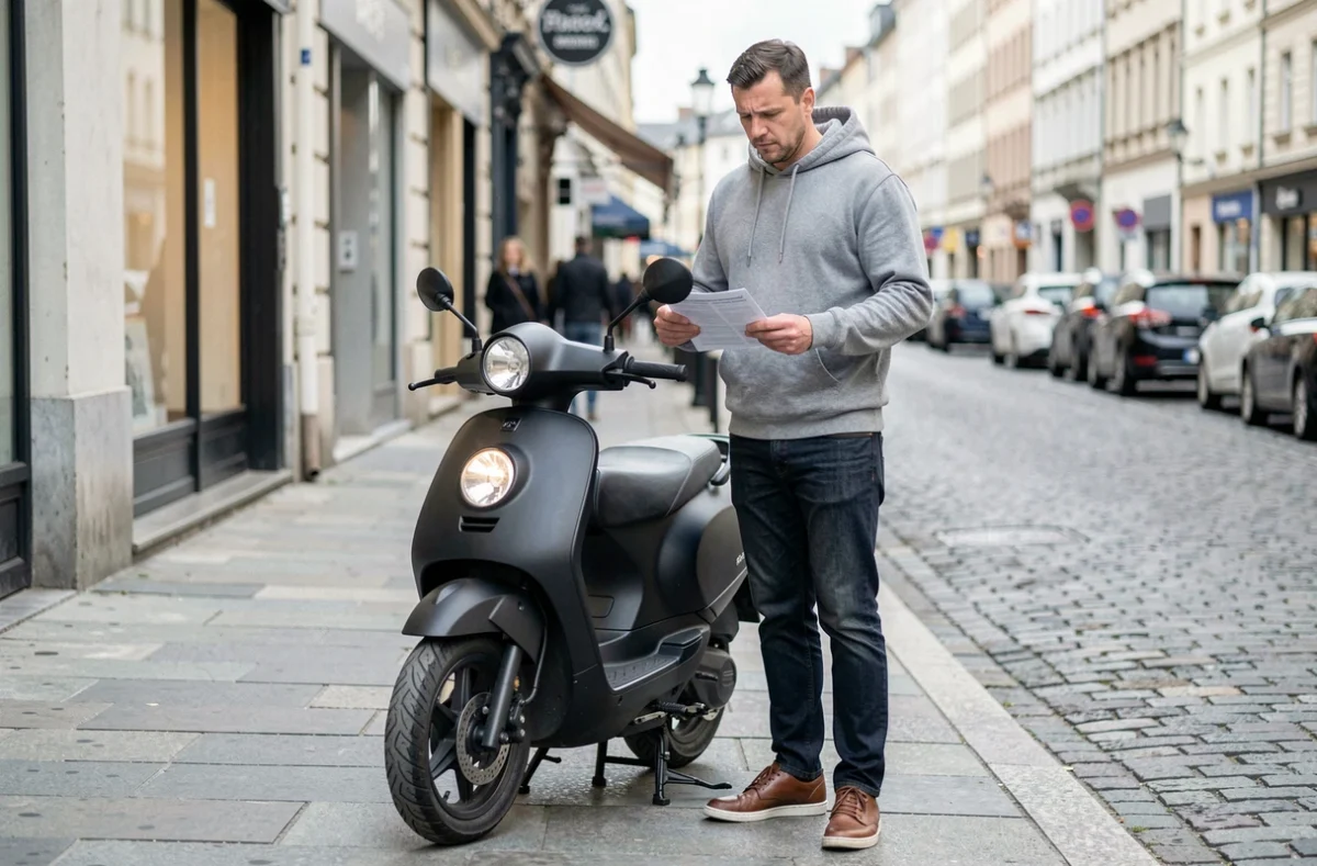 Homme tenant des documents d'assurance scooter après une suspension de permis pour stupéfiants, debout sur un trottoir urbain