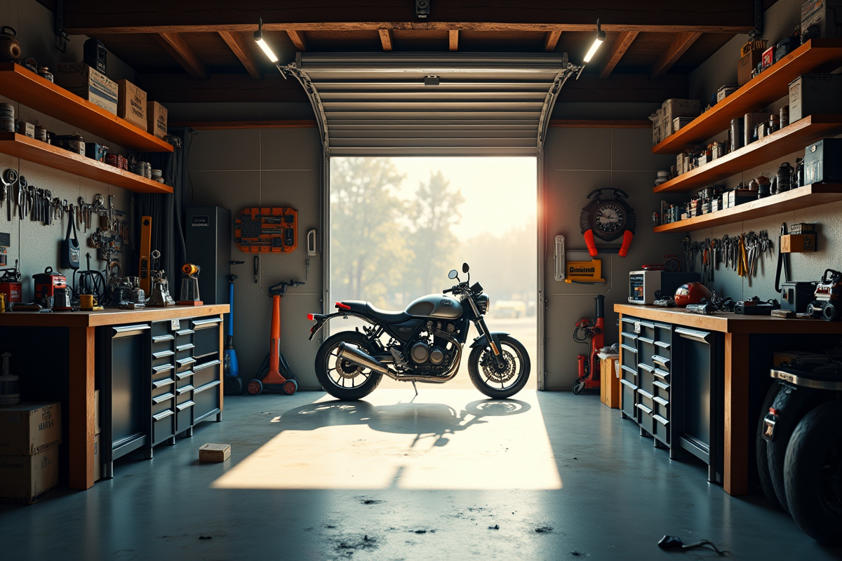 Espace de garage avec outils et moto absente en lumiere naturelle