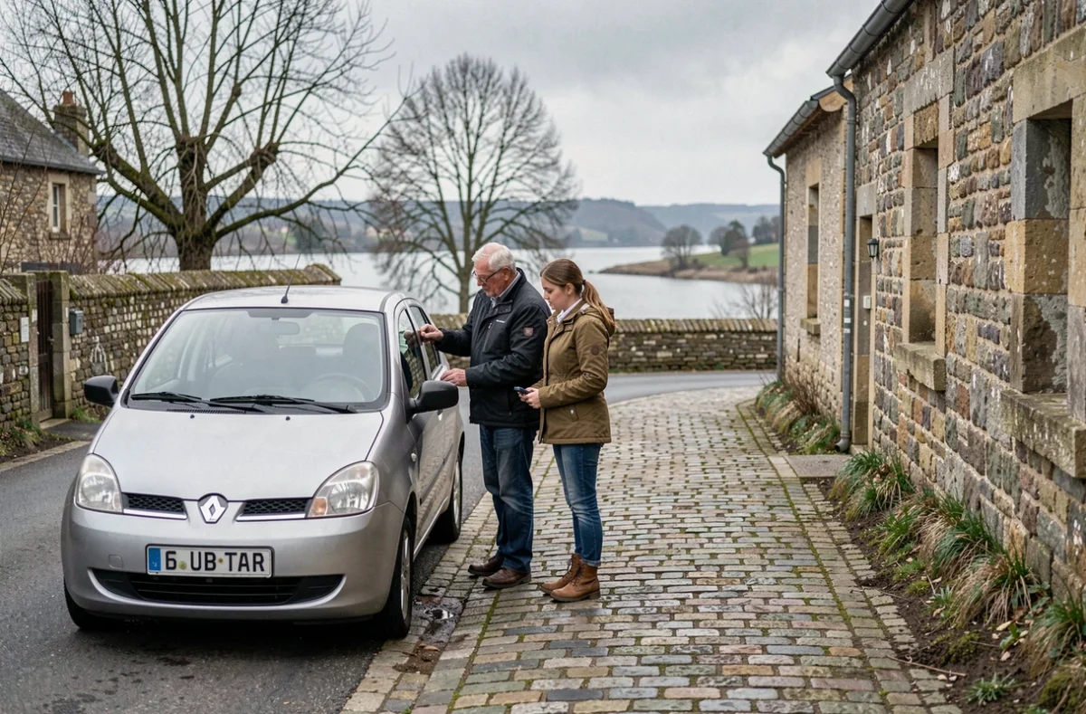 Moniteur de l'Auto-école Hasle-Ruellan supervisant une manœuvre de stationnement à Pleudihen-sur-Rance avec l'estuaire de la Rance en arrière-plan