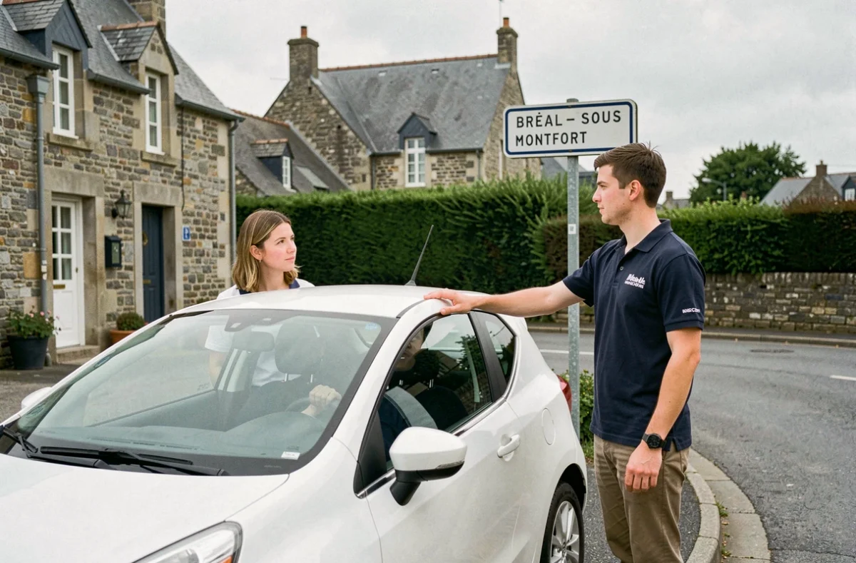 Monitrice de l'Auto École L.K. expliquant un panneau de signalisation à un élève à Bréal-sous-Montfort