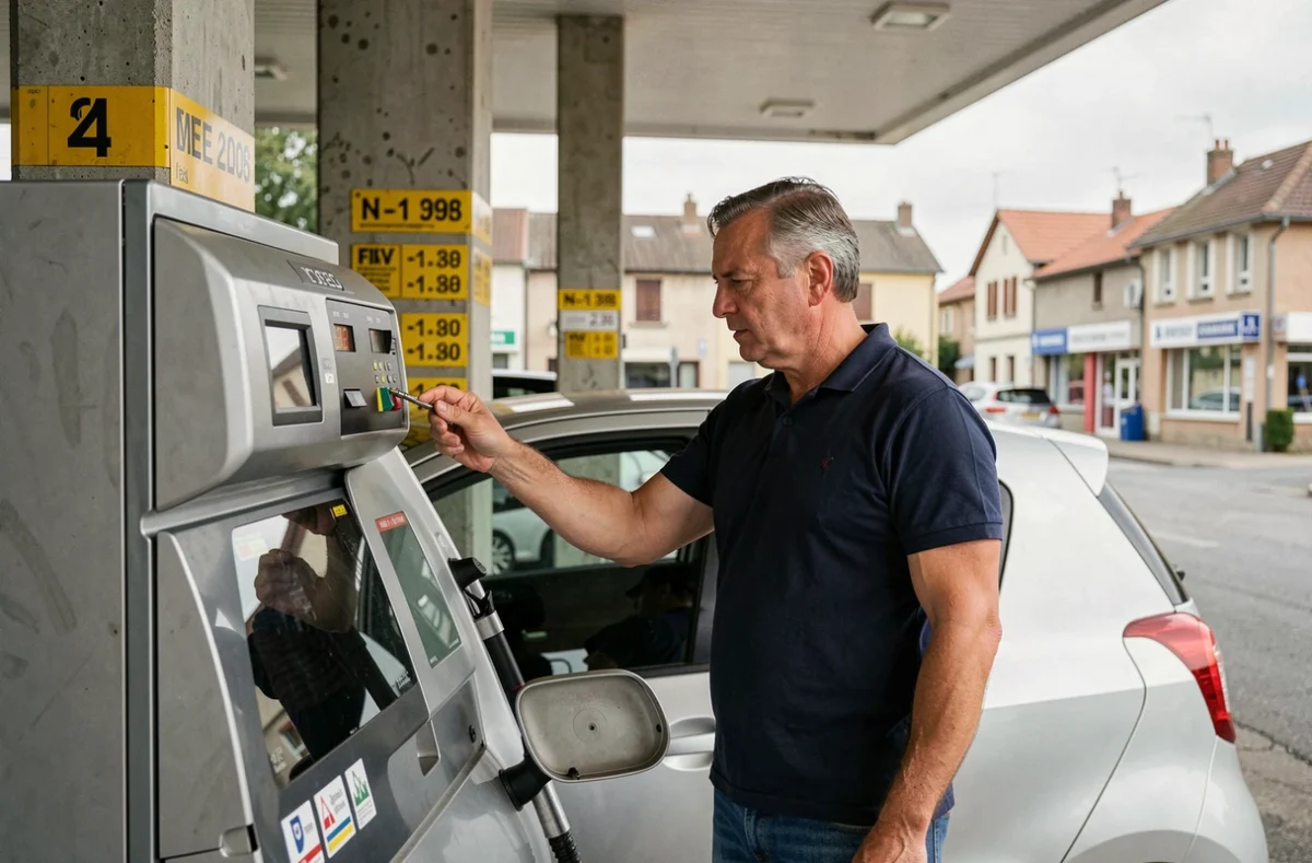 Automobiliste vérifiant le prix de l'essence sur une pompe de station-service à Roanne