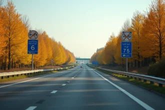 Autoroute française avec panneaux de limitation de vitesse et signalisation bleue en automne
