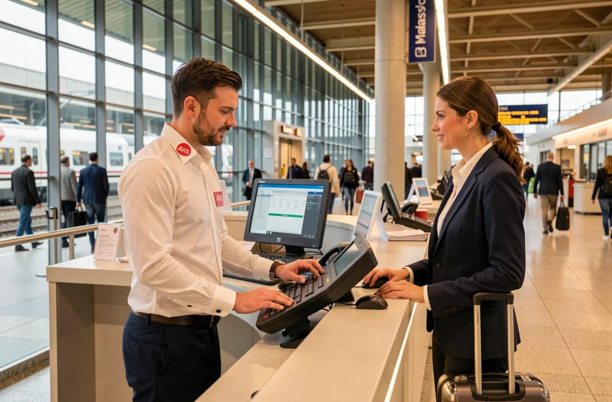 Comptoir Avis à la gare TGV de Massy avec un agent aidant une voyageuse