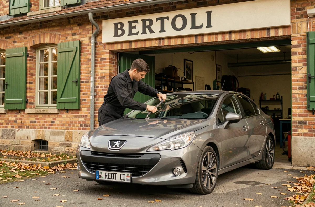 Technicien de Bertoli Garage utilisant un outil de débosselage sur le capot d'une Peugeot grise devant la façade en briques du garage dans le Haut-Rhin