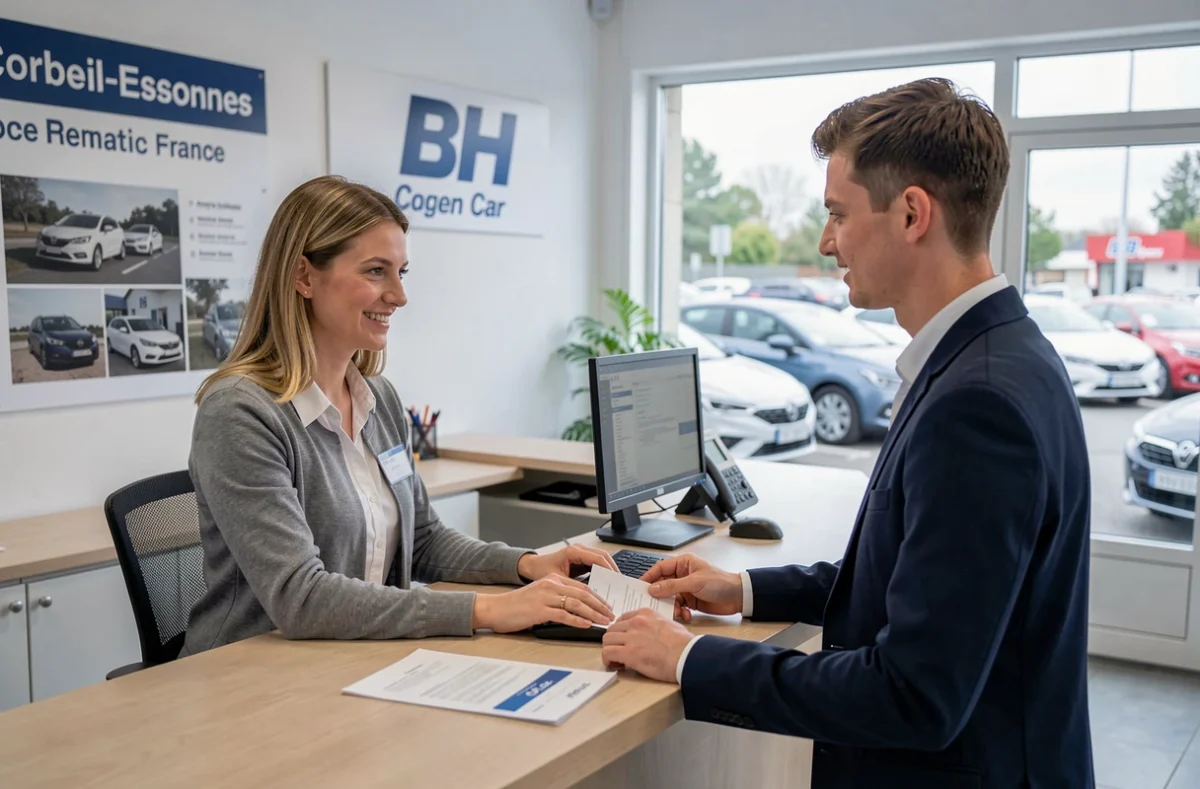 Employée BH Car à Corbeil-Essonnes traitant une réservation de location avec un client