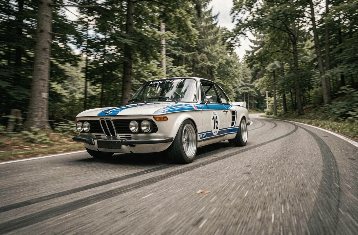 BMW 3.0 CSL en pleine action dans un virage d'un circuit forestier européen lors d'une course historique