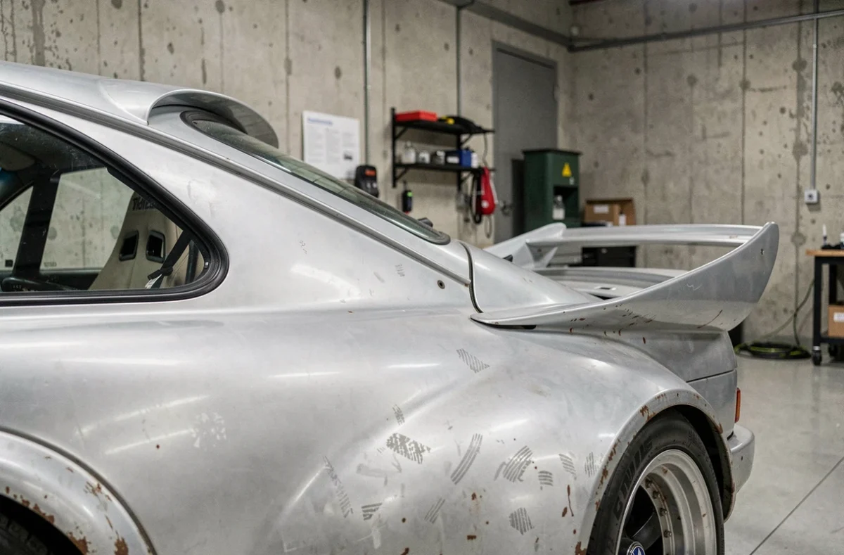 Détail de l'aileron arrière et du becquet emblématique de la BMW 3.0 CSL restaurée dans un garage musée