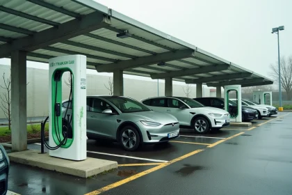 Station de recharge électrique dans un parking de supermarché Carrefour sous vidéosurveillance avec borne endommagée