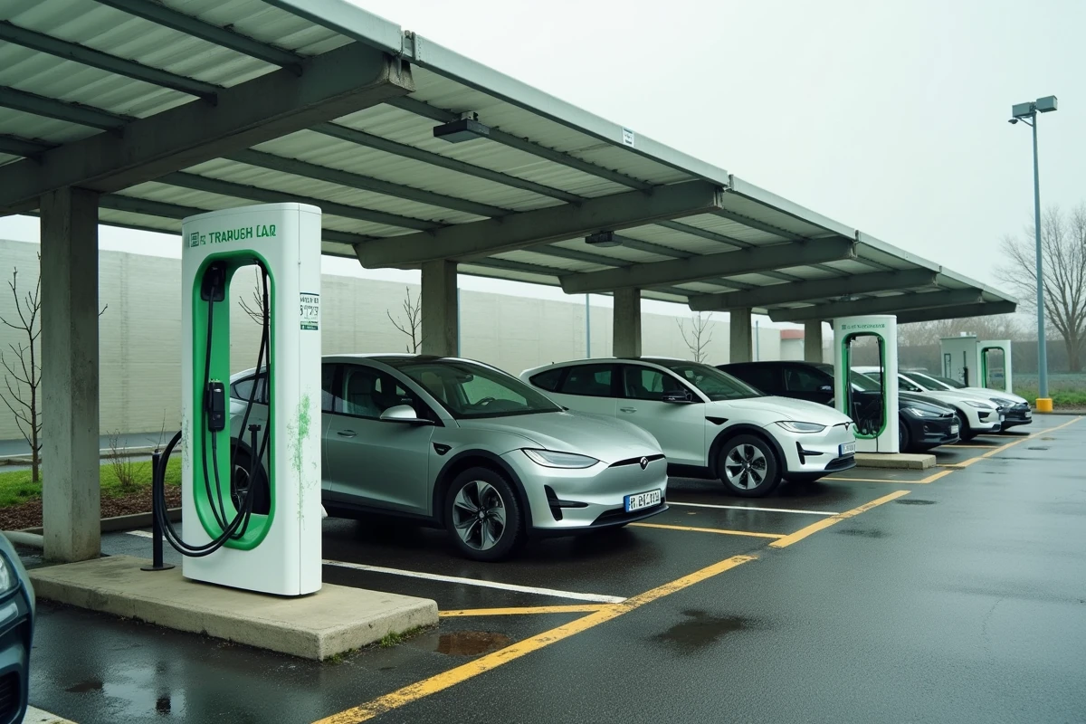 Station de recharge électrique dans un parking de supermarché Carrefour sous vidéosurveillance avec borne endommagée
