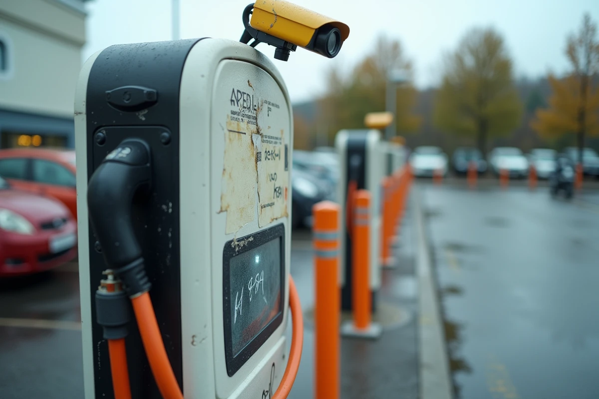 Borne de recharge voiture vandalisée avec câble orange dans un parking de grande surface