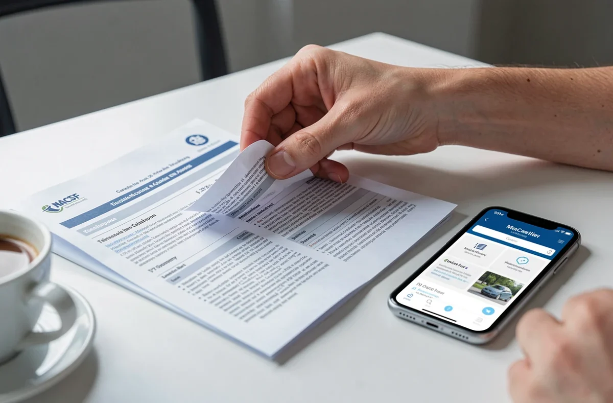 Gros plan sur des mains feuilletant une brochure d'assurance auto avec un smartphone affichant une application d'assurance MACSF