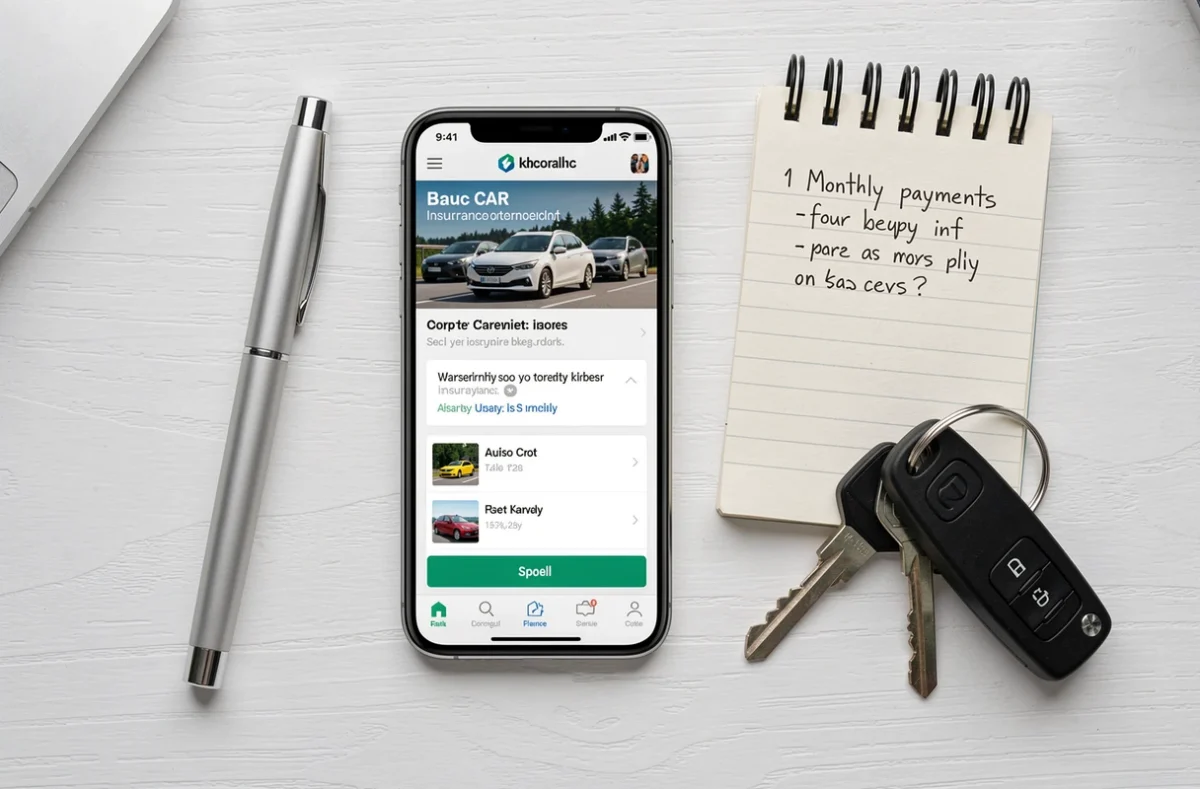 Vue de dessus d'un bureau avec smartphone affichant une comparaison d'assurance auto et des notes sur le paiement mensuel