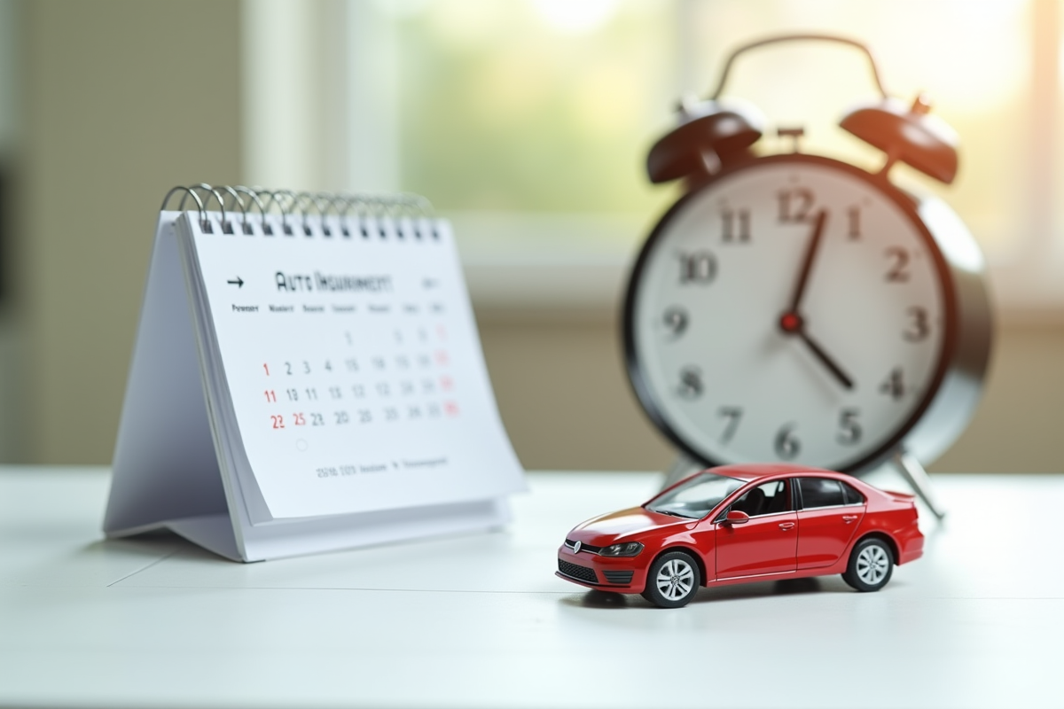 Calendrier et petite voiture sur un bureau blanc avec une horloge en arrière-plan
