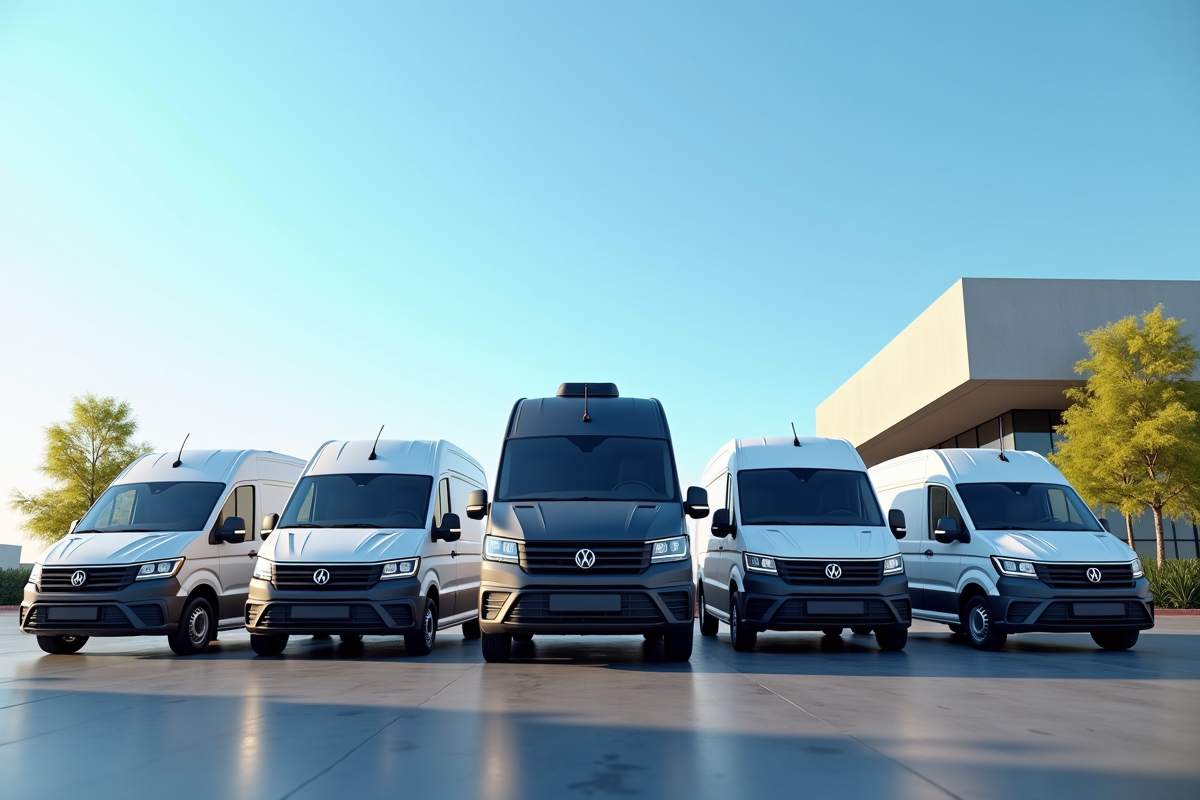 Différents vans aménagés alignés devant un concessionnaire