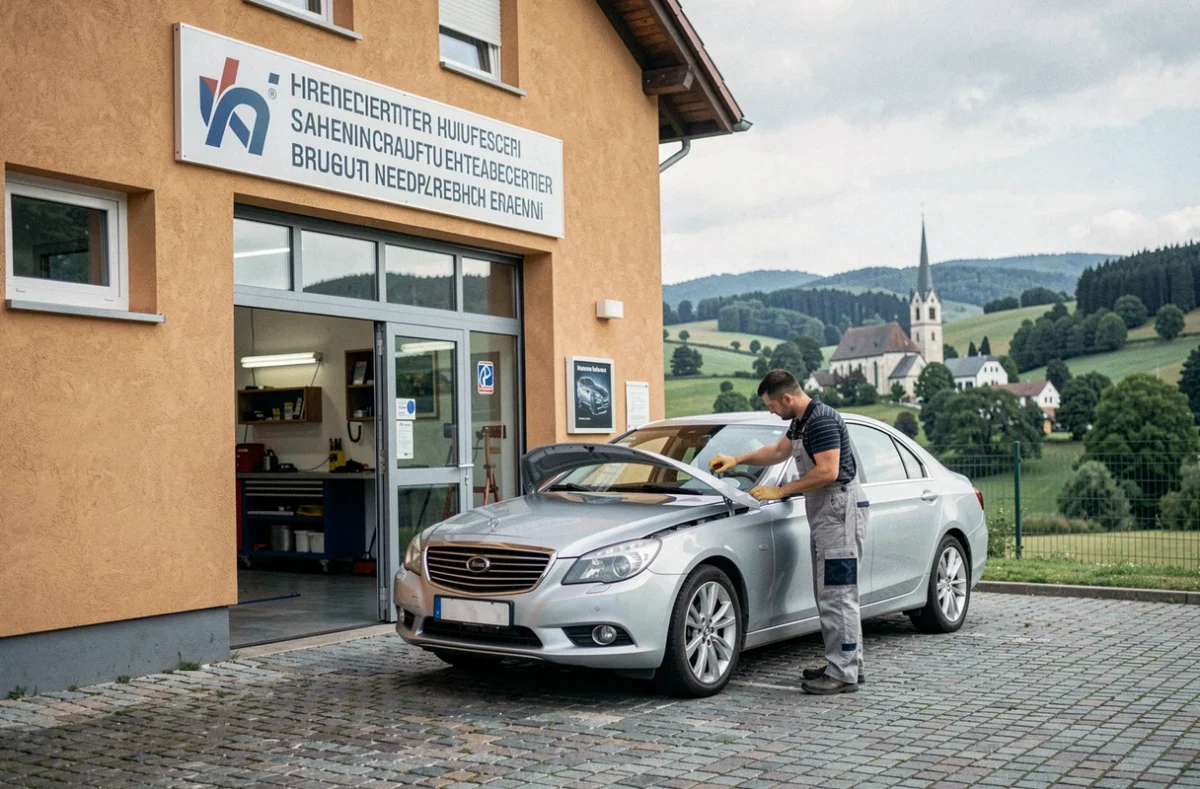 Carrosserie Frontalière vue de l'extérieur avec un technicien inspectant une voiture près de la frontière franco-allemande dans le Haut-Rhin