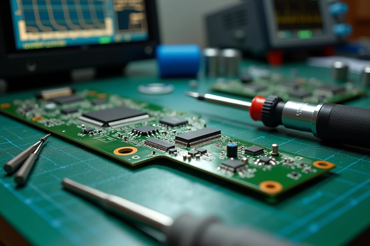Gros plan sur une carte électronique DME reconditionnée posée sur un tapis antistatique dans un atelier de réparation