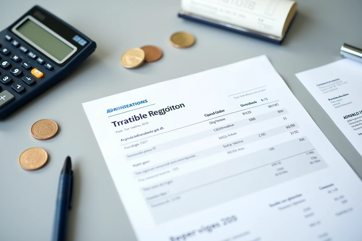 Vue du dessus d'une carte grise française posée sur un bureau avec calculatrice, pièces en euros et facture de frais d'immatriculation