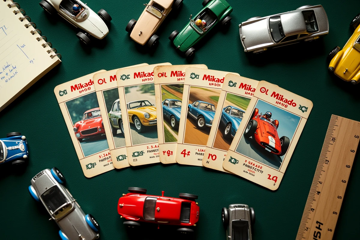 Vue en plongée de cartes Mikado Racing vintage et voitures de collection miniatures disposées sur un feutre vert avec numéros de série visibles