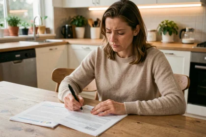 Femme consultant des documents d'assurance auto à son bureau pour changer de contrat