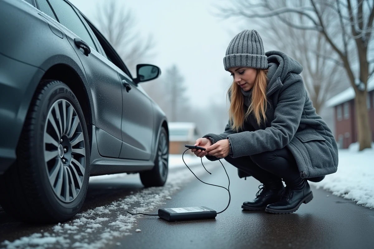 Femme lisant les instructions d'un chargeur de batterie portable posé sur une allée enneigée en hiver